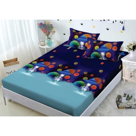 Set husa de pat din bumbac + 2 fete de perna, Albastra cu imprimeu multicolor