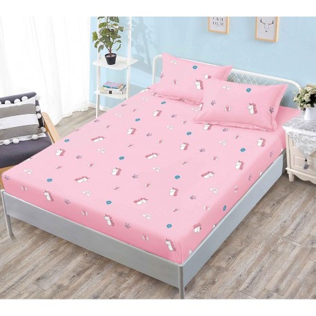 Husa de pat din bumbac satinat pentru saltea de 180 cm + 2 fete de perna 80 x 52 cm, Roz cu imprimeu unicorni