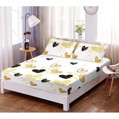 Husa de pat din bumbac satinat pentru saltea de 180 cm + 2 fete de perna 80 x 52 cm, Inimi negre si galbene