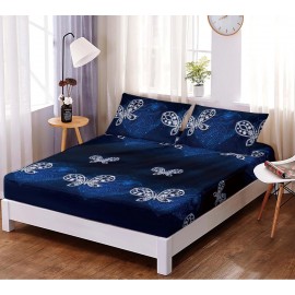 Husa de pat din bumbac satinat pentru saltea de 180 cm + 2 fete de perna 80 x 52 cm, Albastra cu Fluturasi albi