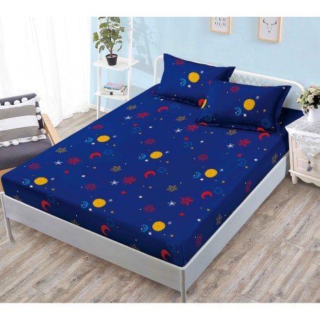 Husa de pat din bumbac satinat pentru saltea de 180 cm + 2 fete de perna 80 x 52 cm, Soare, luna si stele