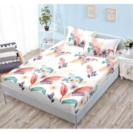 Husa de pat din bumbac satinat pentru saltea de 180 cm + 2 fete de perna 80 x 52 cm, Flori si frunze colorate
