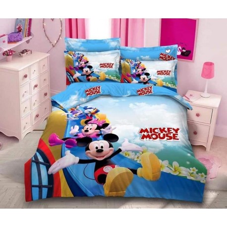Lenjerie de pat dublu, bumbac finet premium, 6 piese, Desene animate Mickey & Minnie Mouse pentru copii
