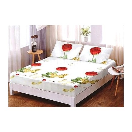 Set husa de pat din bumbac + 2 fete de perna, alba cu trandafiri 160x200cm, Ralex Pucioasa