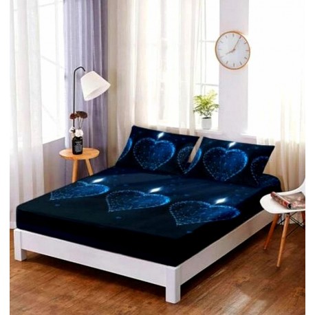 Set husa de pat din bumbac + 2 fete de perna,Inchisa cu inimi albastre 160x200cm, Ralex Pucioasa