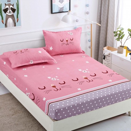 Set husa de pat din bumbac + 2 fete de perna, Roz pisicute, 180x200cm
