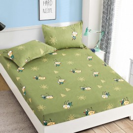 Set husa de pat din bumbac + 2 fete de perna, Verde cu albinute, 180x200cm